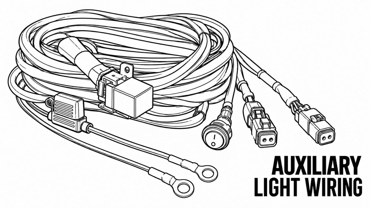 Line illustration of a coiled automotive auxiliary-light harness with relay, inline fuse holder, round switch, two sealed connectors and battery ring terminals.