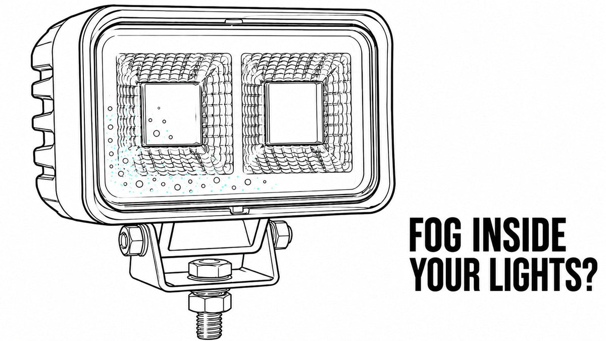 Concept illustration of light mist on a rectangular vehicle work lamp with two reflector cups and a central mounting bracket.