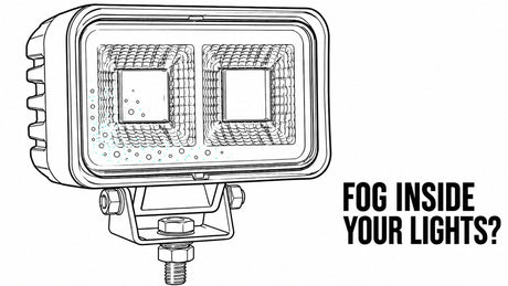 Concept illustration of light mist on a rectangular vehicle work lamp with two reflector cups and a central mounting bracket.