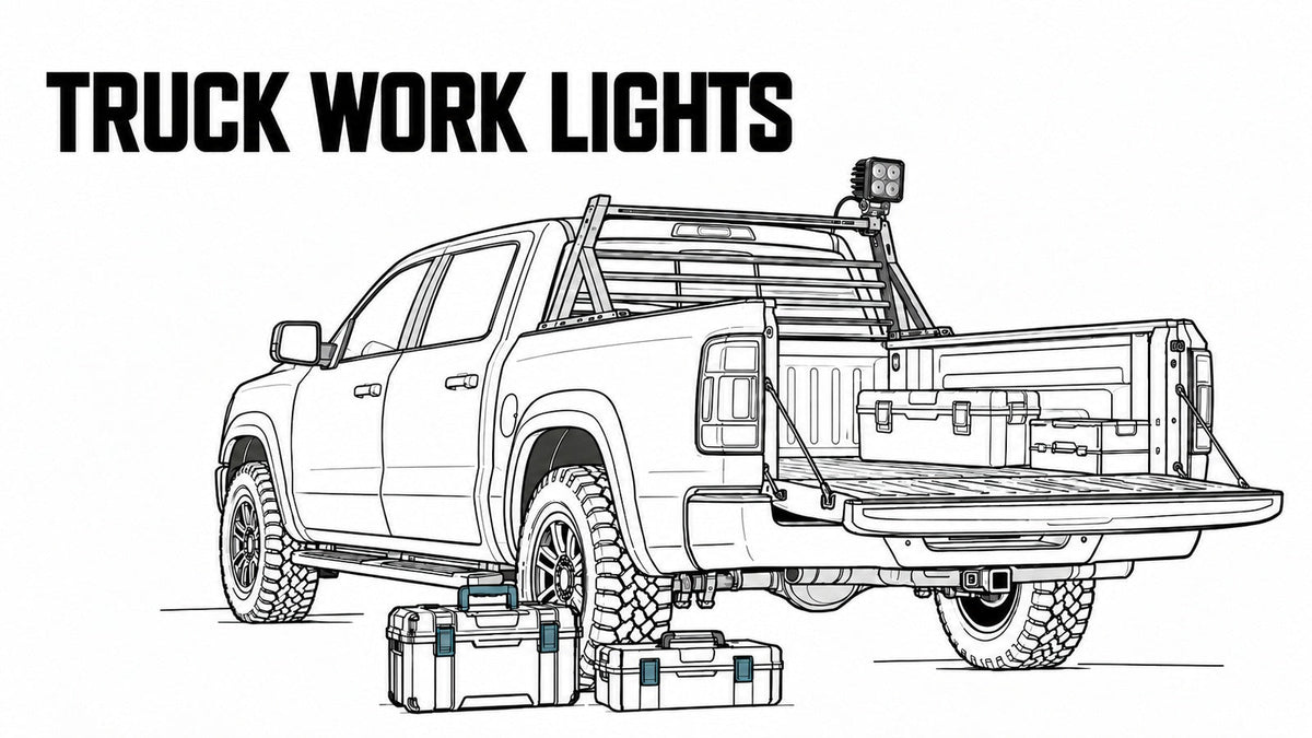 Pickup work scene with a compact four-optic vehicle work light mounted on the rear rack.