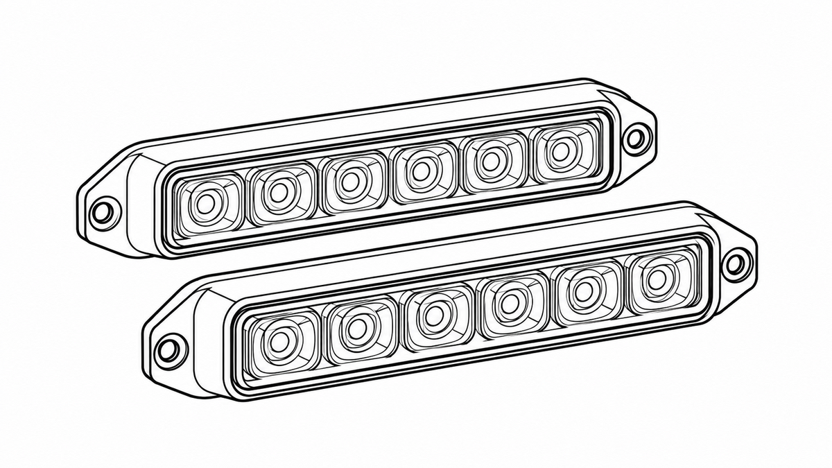 Black outline illustration of two slim six-LED warning lights