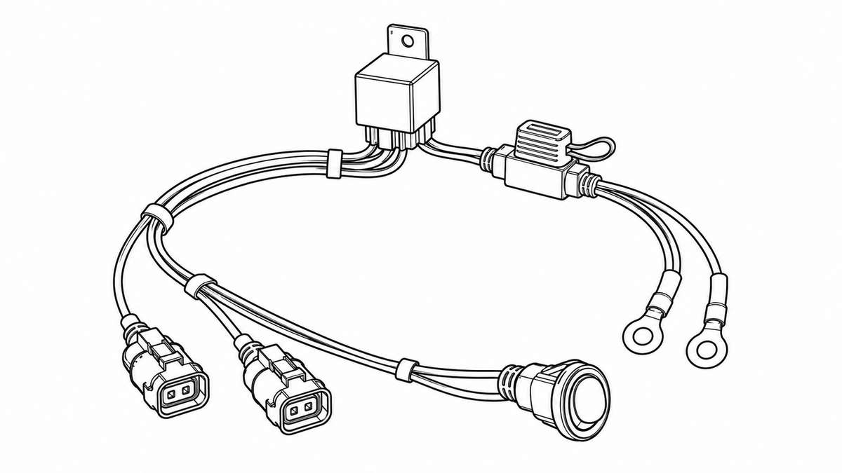 Black outline illustration of an auxiliary light wiring harness with relay, fuse holder, switch and connectors