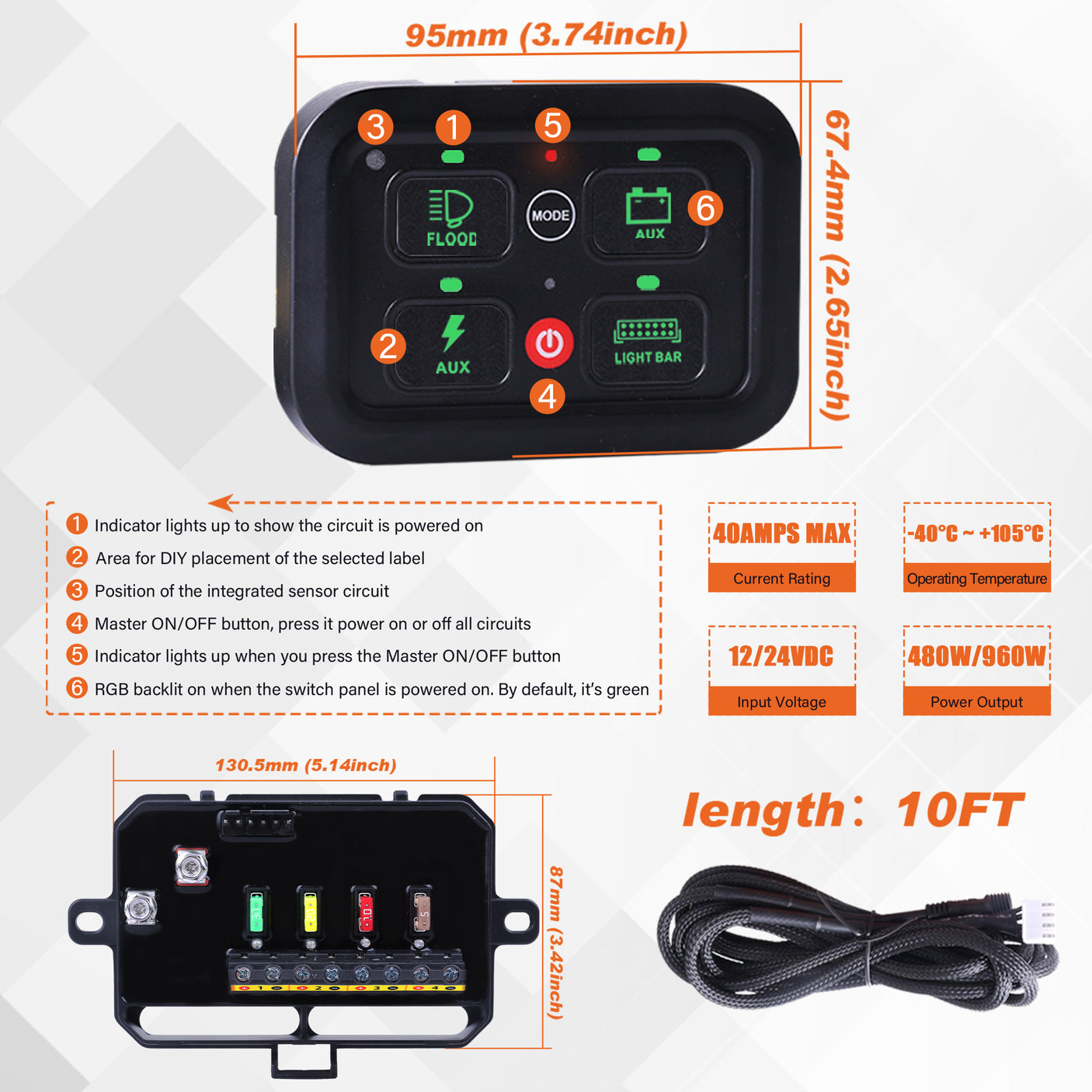 4 Gang 12V/24V 40A 480W/960W Automotive Power Switch Panel